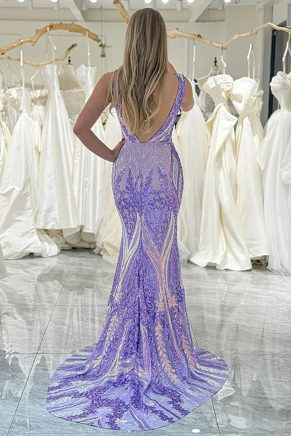 Wholesale Sparkly Stylish Mermaid V-Neck Long Prom Dress With Sequins prom dresses with long sleeves
